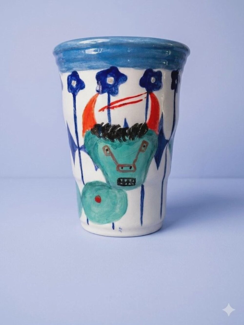 Vintage Studio Pottery Tumbler Mug - Picasso Style, Hand Painted, SIGNED 16 oz